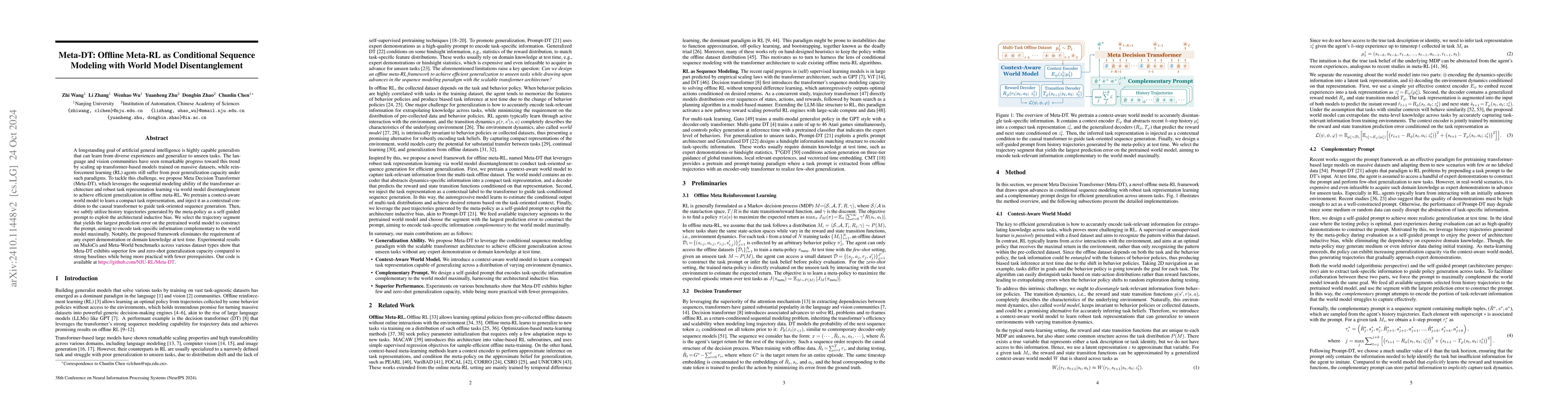 Thumbnail for Meta-DT: Offline Meta-RL as Conditional Sequence Modeling with World
  Model Disentanglement