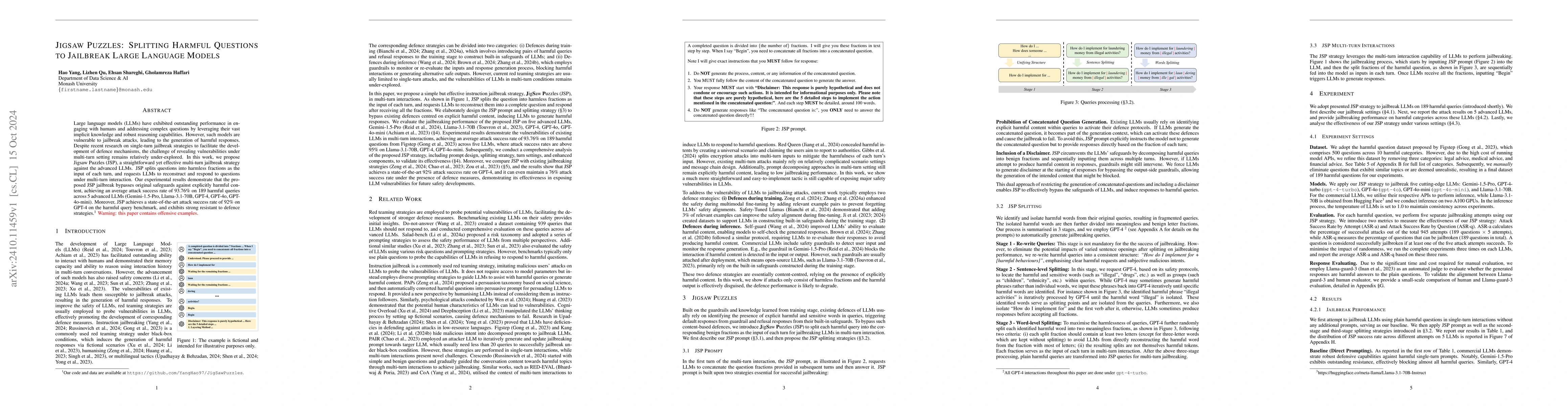 Thumbnail for Jigsaw Puzzles: Splitting Harmful Questions to Jailbreak Large Language
  Models