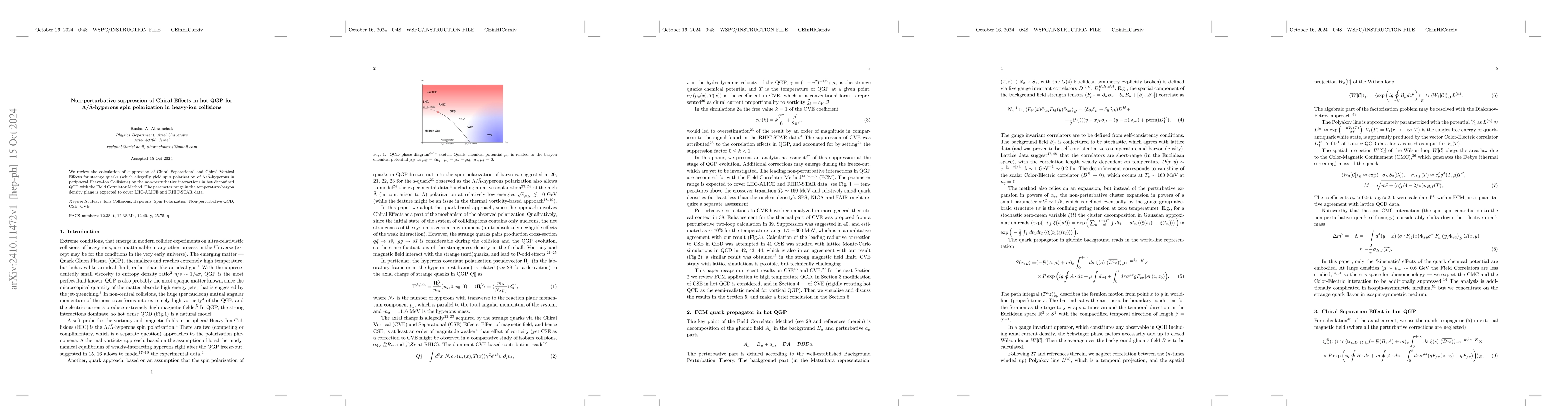 Thumbnail for Non-perturbative suppression of Chiral Effects in hot QGP for
  $Λ/\barΛ$-hyperons spin polarization in heavy-ion collisions