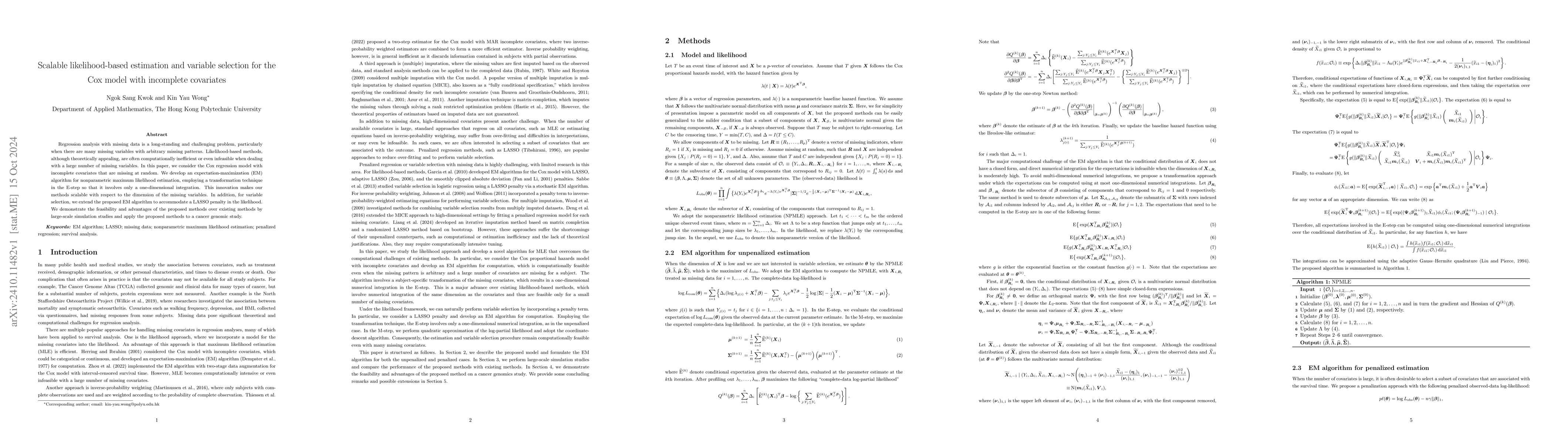 Thumbnail for Scalable likelihood-based estimation and variable selection for the Cox
  model with incomplete covariates