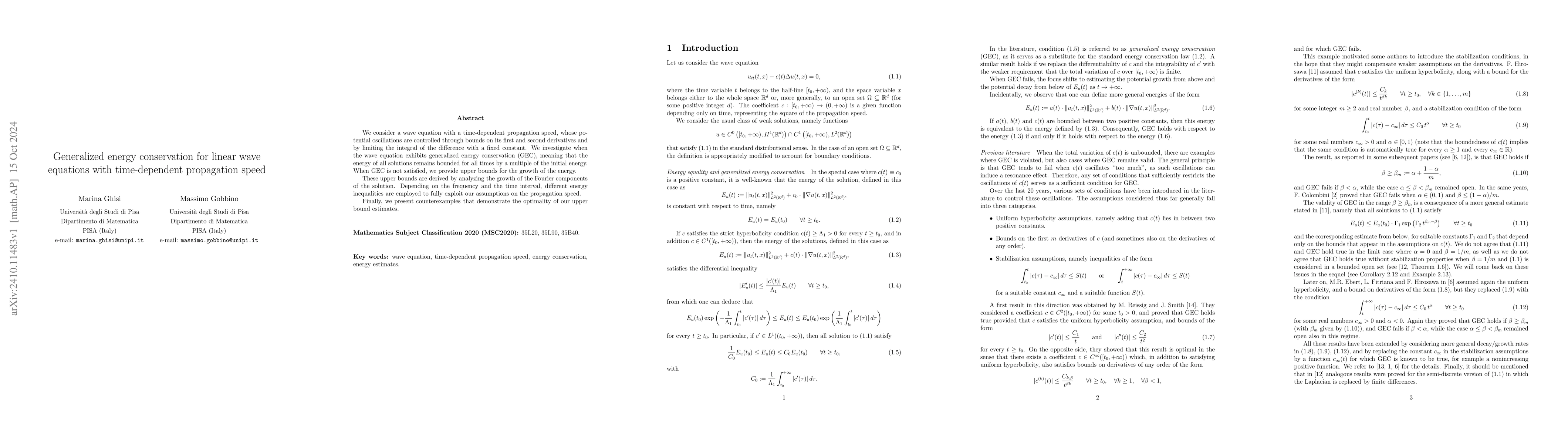 Thumbnail for Generalized energy conservation for linear wave equations with
  time-dependent propagation speed