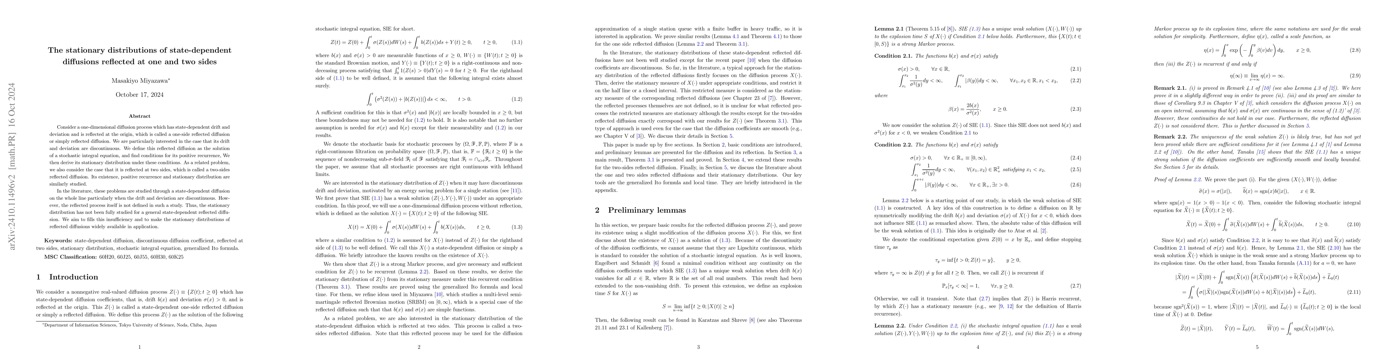 Thumbnail for The stationary distributions of state-dependent diffusions reflected at
  one and two sides