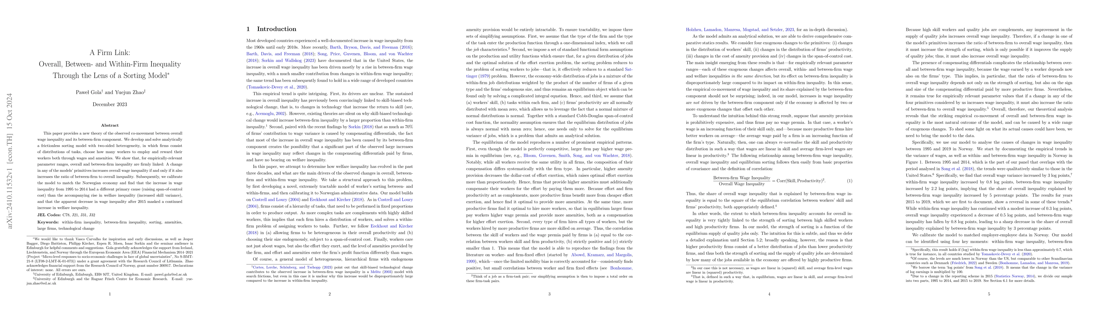 Thumbnail for A Firm Link: Overall, Between- and Within-Firm Inequality Through the
  Lens of a Sorting Model