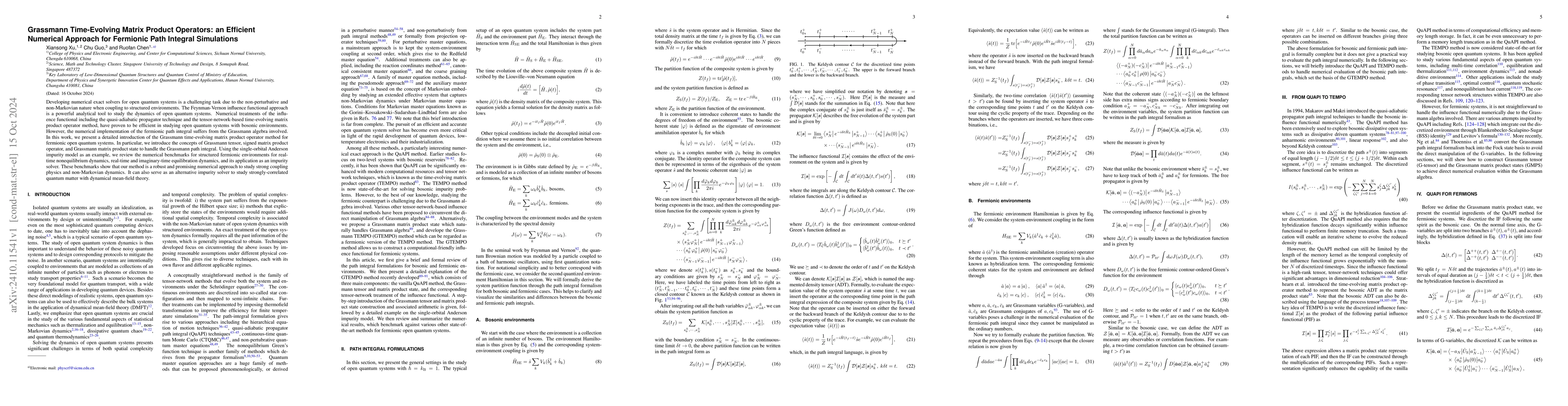 Thumbnail for Grassmann time-evolving matrix product operators: An efficient numerical
  approach for fermionic path integral simulations
