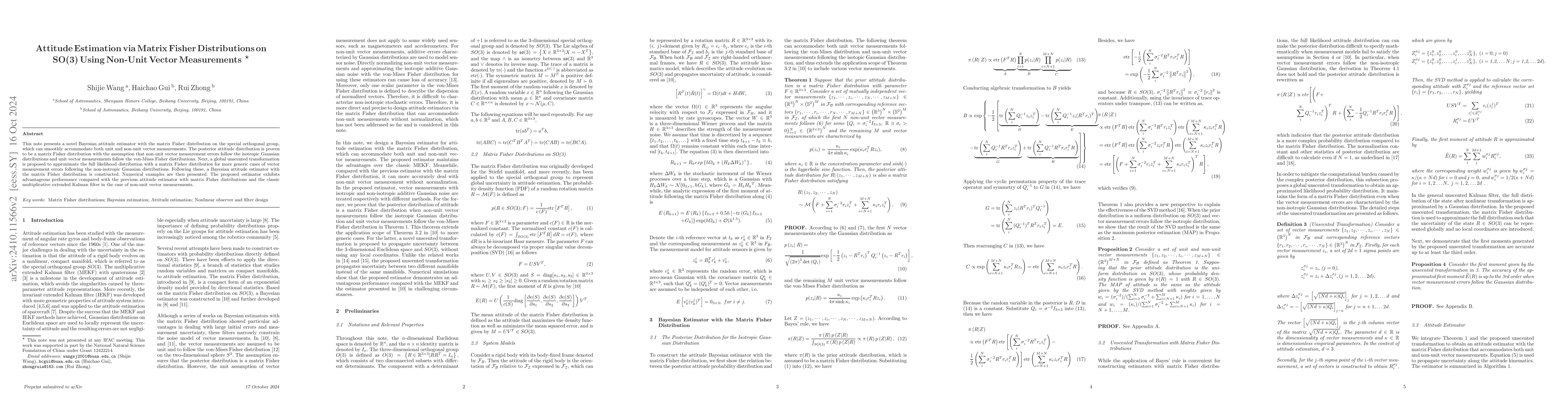Thumbnail for Attitude Estimation via Matrix Fisher Distributions on SO(3) Using
  Non-Unit Vector Measurements
