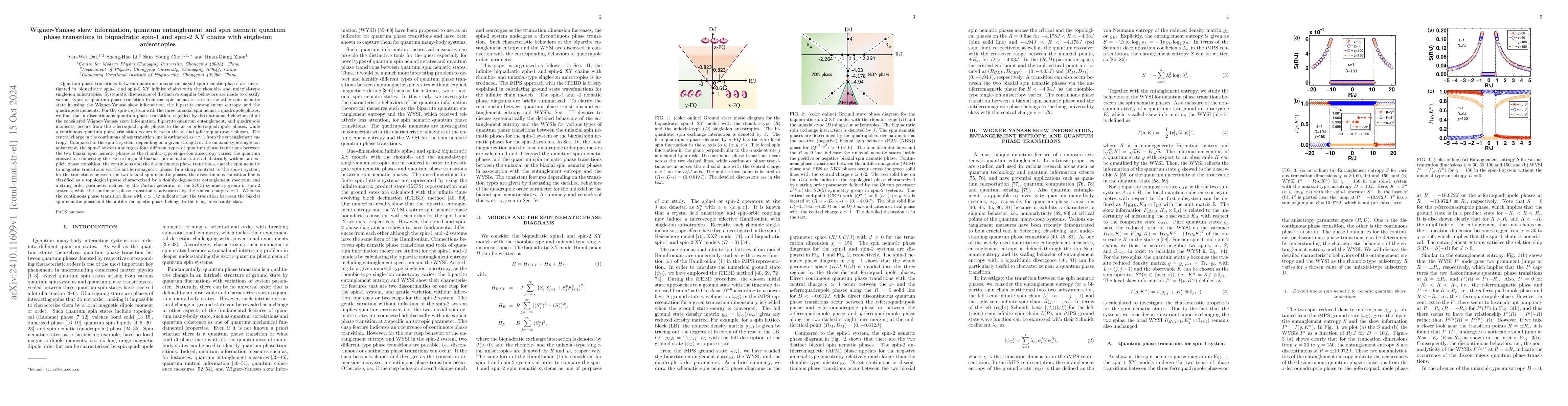 Thumbnail for Wigner-Yanase skew information, quantum entanglement and spin nematic
  quantum phase transitions in biquadratic spin-1 and spin-2 XY chains with
  single-ion anisotropies