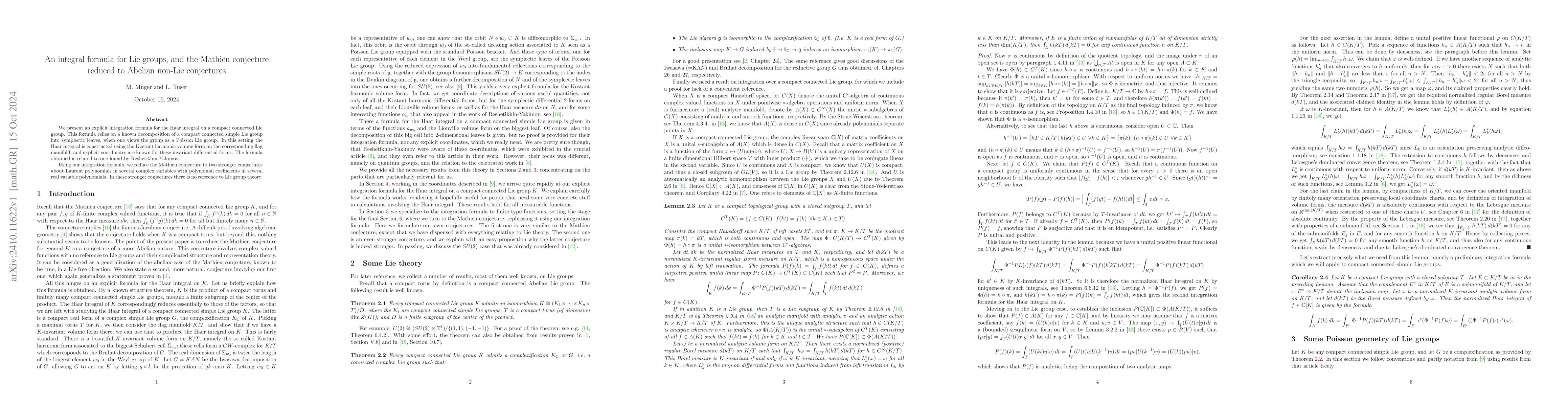 Thumbnail for An integral formula for Lie groups, and the Mathieu conjecture reduced
  to Abelian non-Lie conjectures
