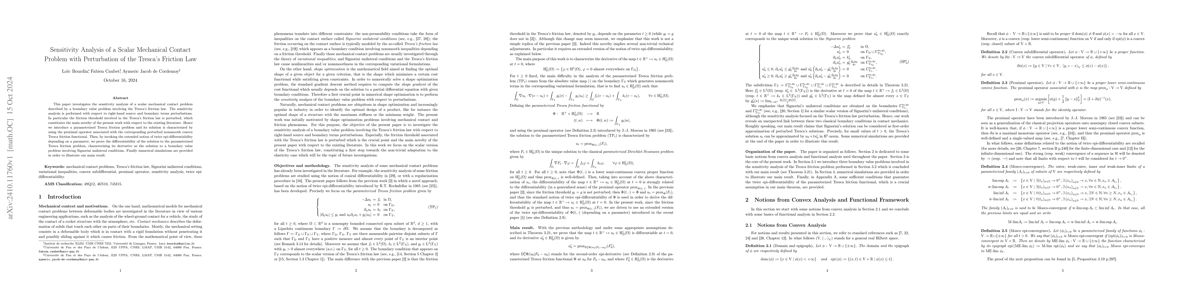 Thumbnail for Sensitivity analysis of a scalar mechanical contact problem with
  perturbation of the Tresca's friction law