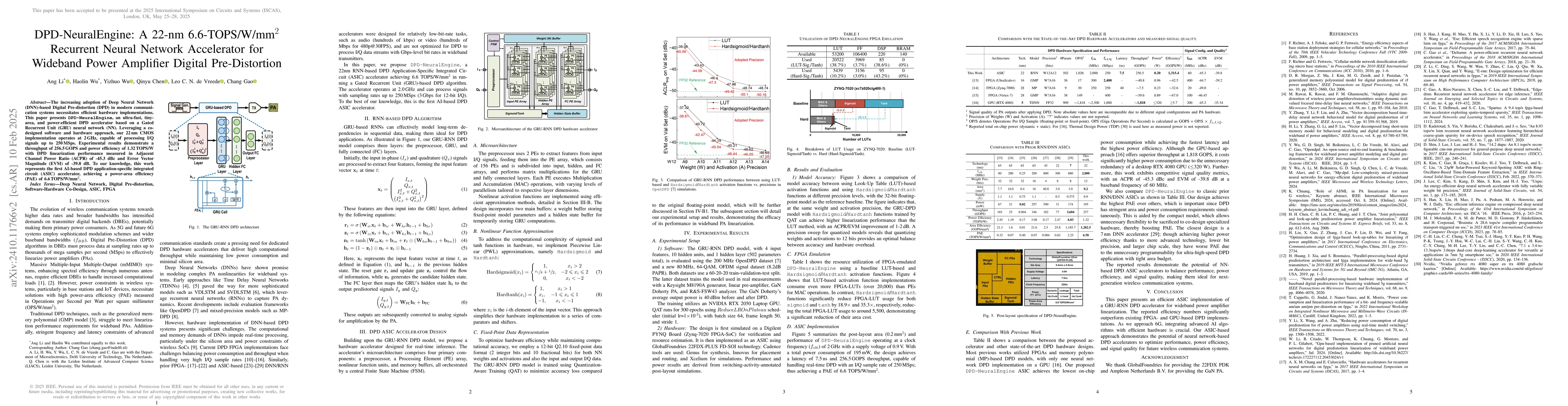Thumbnail for DPD-NeuralEngine: A 22-nm 6.6-TOPS/W/mm$^2$ Recurrent Neural Network
  Accelerator for Wideband Power Amplifier Digital Pre-Distortion