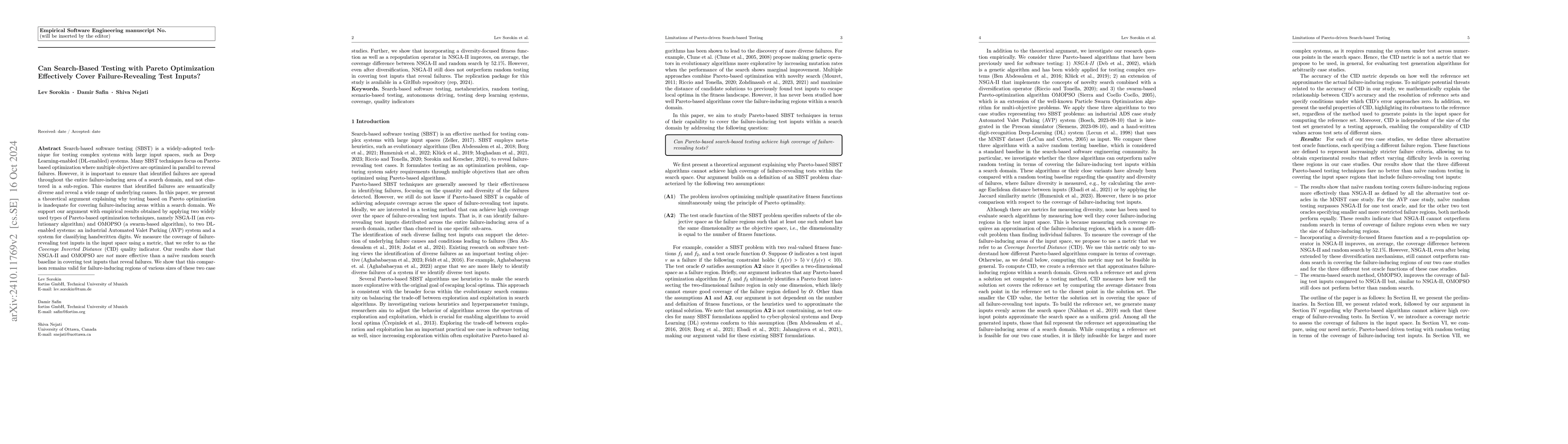 Thumbnail for Can Search-Based Testing with Pareto Optimization Effectively Cover
  Failure-Revealing Test Inputs?