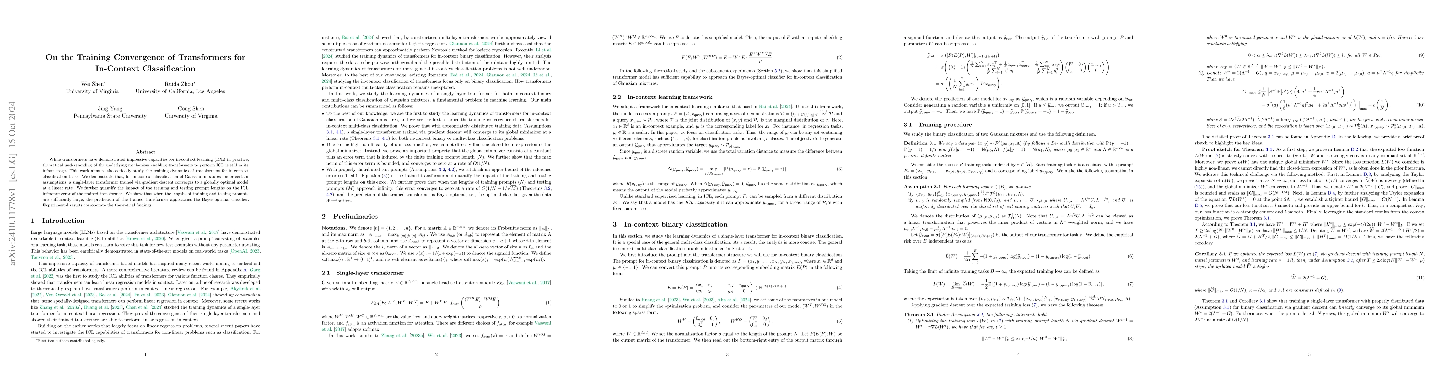 Thumbnail for On the Training Convergence of Transformers for In-Context
  Classification