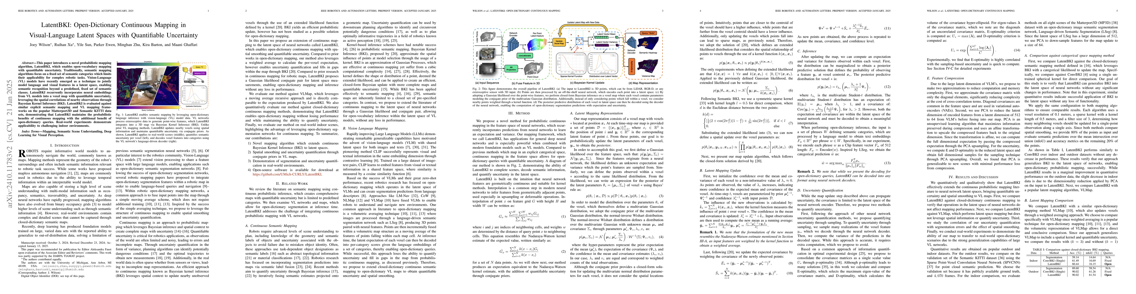 Thumbnail for Latent BKI: Open-Dictionary Continuous Mapping in Visual-Language Latent
  Spaces with Quantifiable Uncertainty
