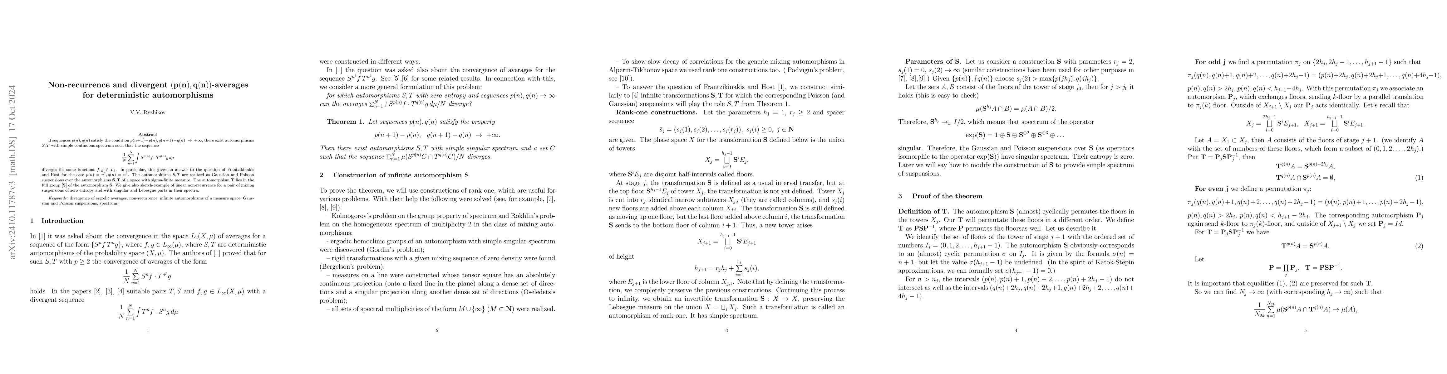 Thumbnail for Non-recurrence and divergent $\bf ({p(n)},{q(n)})$-averages for
  deterministic automorphisms