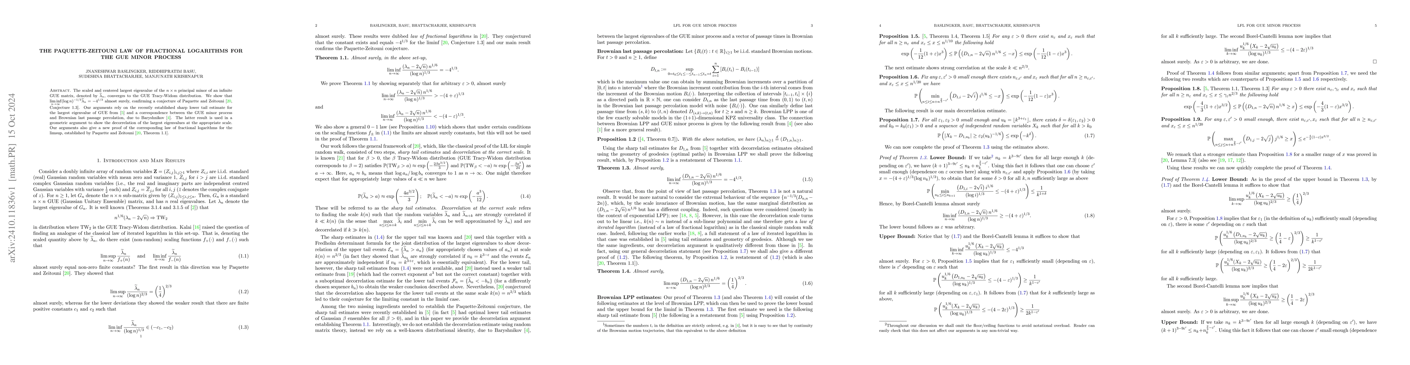 Thumbnail for The Paquette-Zeitouni law of fractional logarithms for the GUE minor
  process