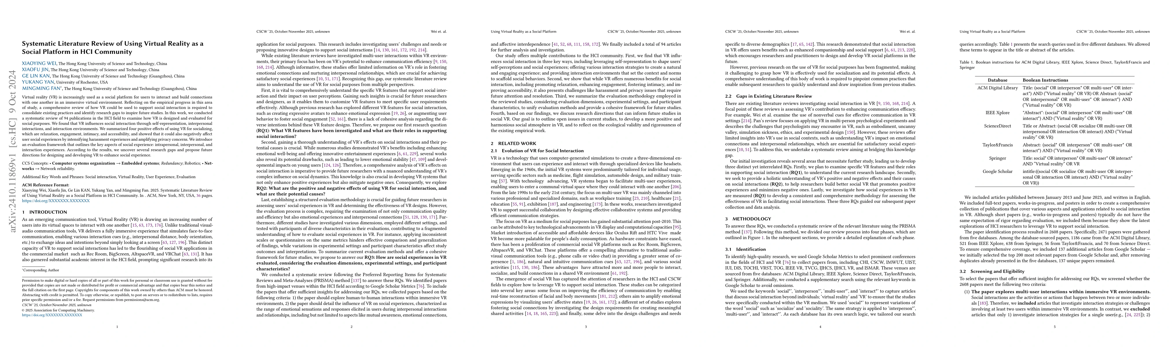 Thumbnail for Systematic Literature Review of Using Virtual Reality as a Social
  Platform in HCI Community