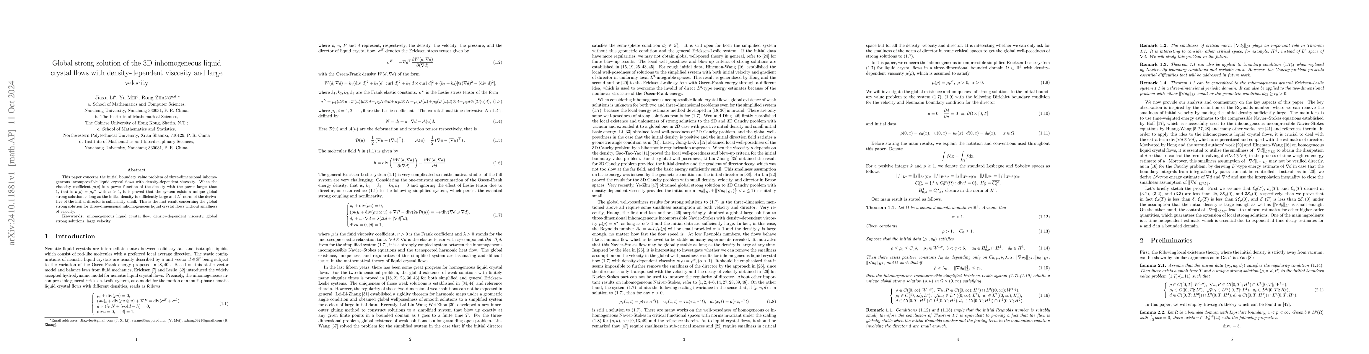 Thumbnail for Global strong solution of the 3D inhomogeneous liquid crystal flows with
  density-dependent viscosity and large velocity
