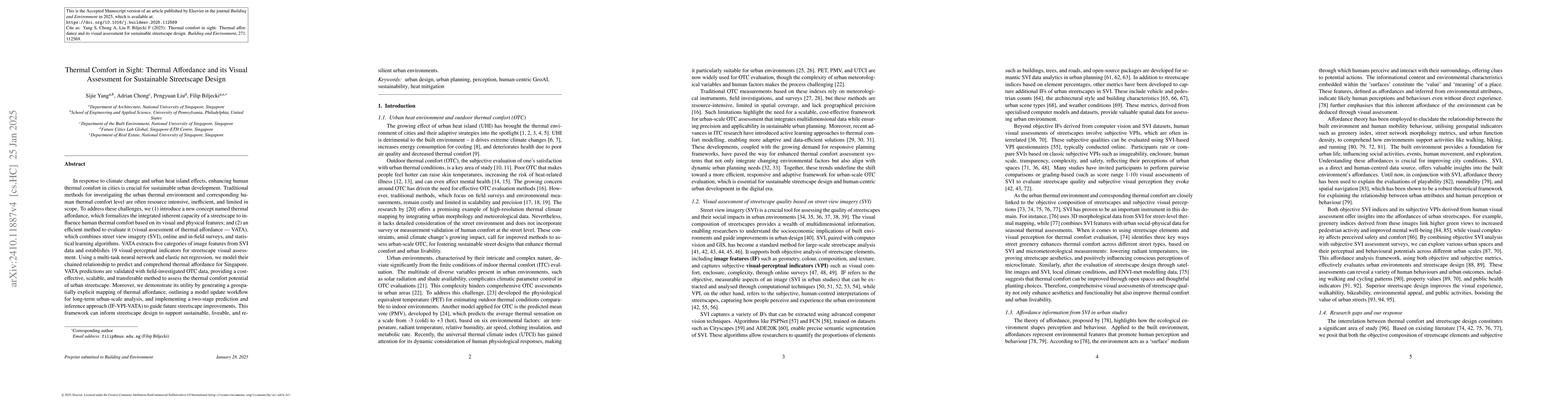Thumbnail for Thermal Comfort in Sight: Thermal Affordance and its Visual Assessment
  for Sustainable Streetscape Design