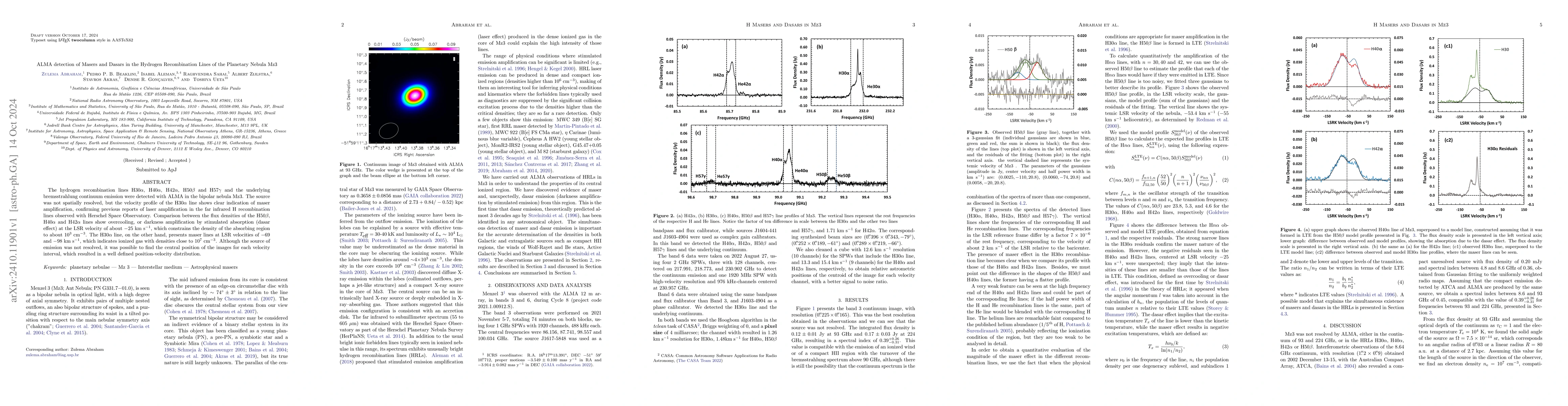 Thumbnail for ALMA detection of Masers and Dasars in the Hydrogen Recombination Lines
  of the Planetary Nebula Mz3