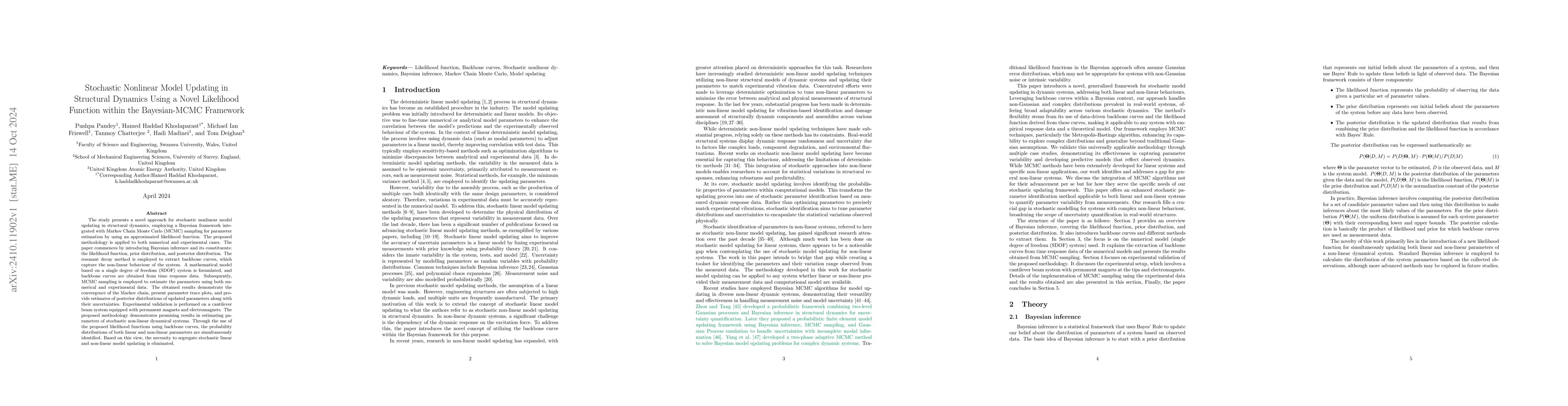 Thumbnail for Stochastic Nonlinear Model Updating in Structural Dynamics Using a Novel
  Likelihood Function within the Bayesian-MCMC Framework