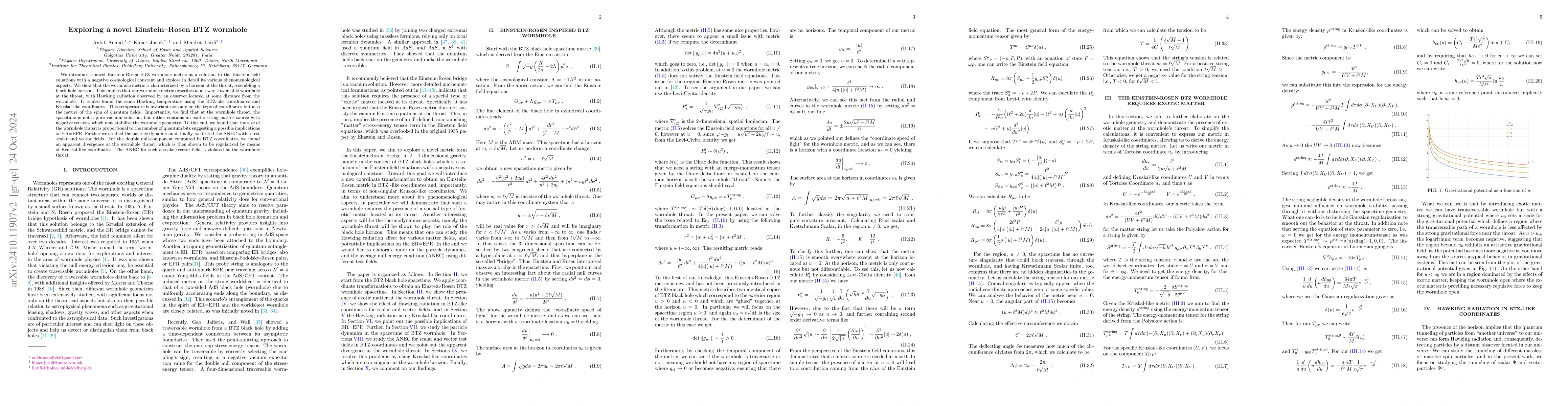 Thumbnail for Exploring a novel Einstein--Rosen BTZ wormhole