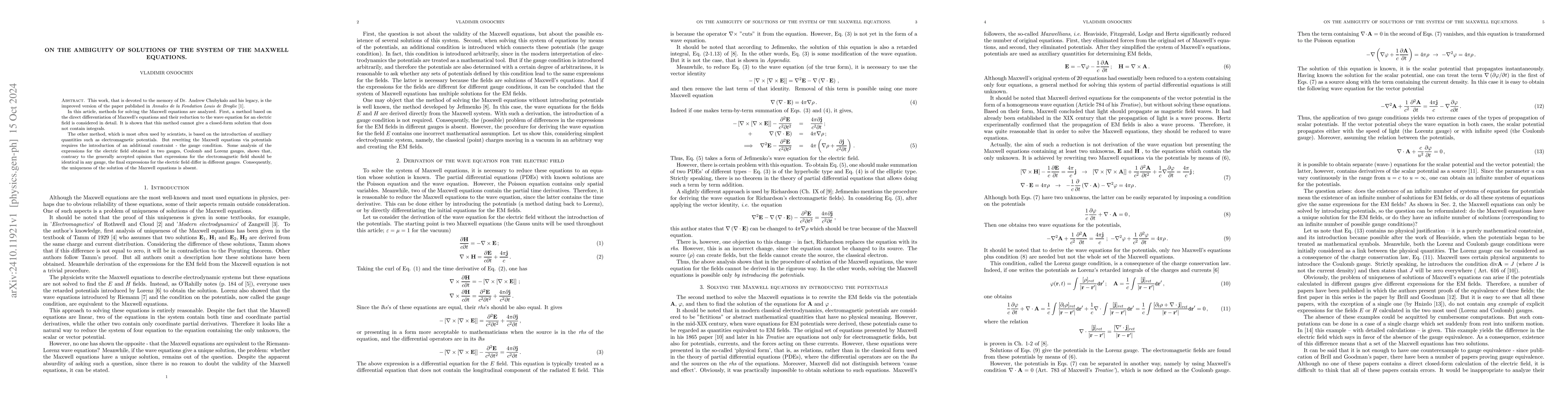 Thumbnail for On the ambiguity of solutions of the system of the Maxwell equations