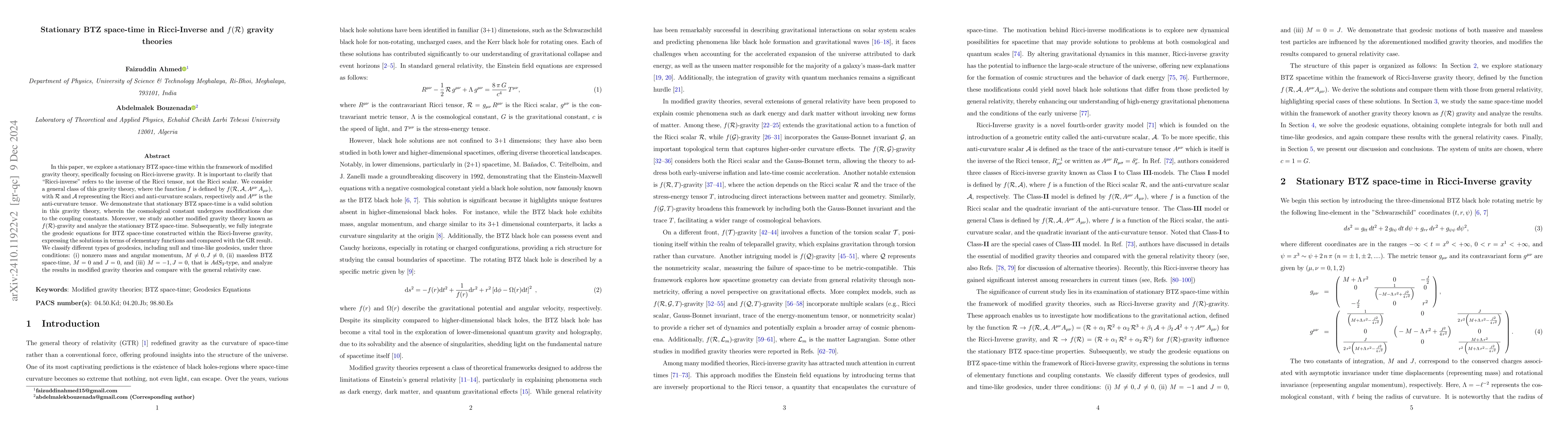 Thumbnail for Stationary BTZ space-time in Ricci-Inverse and $f(\mathcal{R})$ gravity
  theories