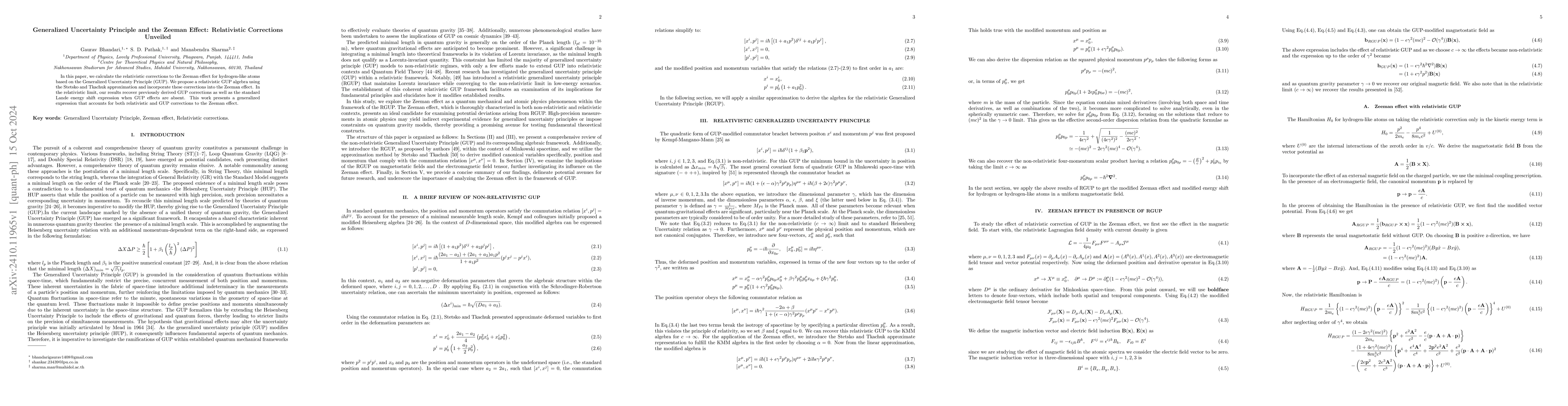 Thumbnail for Generalized Uncertainty Principle and the Zeeman Effect: Relativistic
  Corrections Unveiled