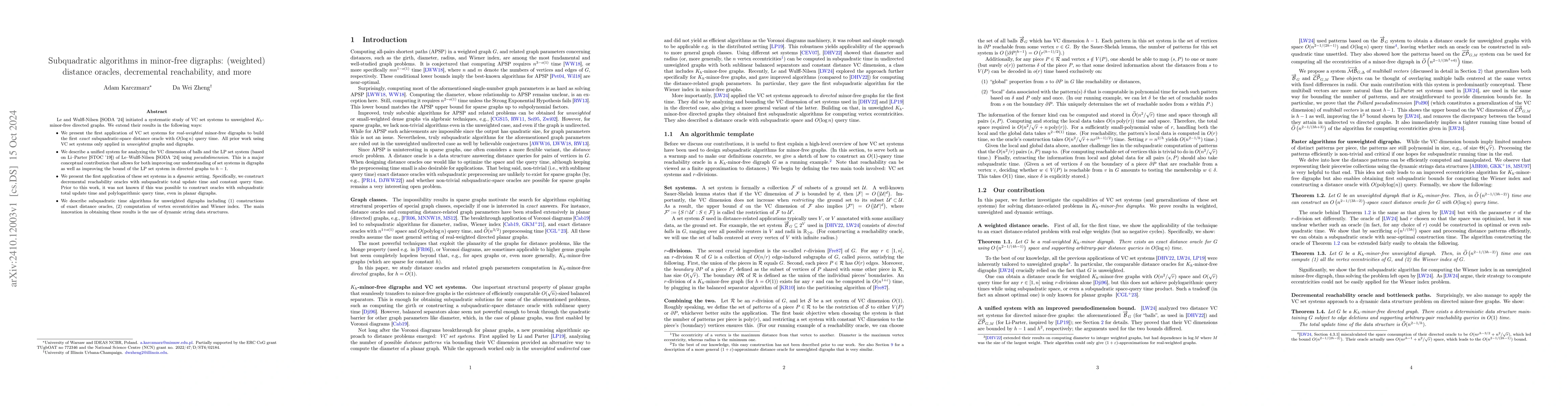 Thumbnail for Subquadratic algorithms in minor-free digraphs: (weighted) distance
  oracles, decremental reachability, and more