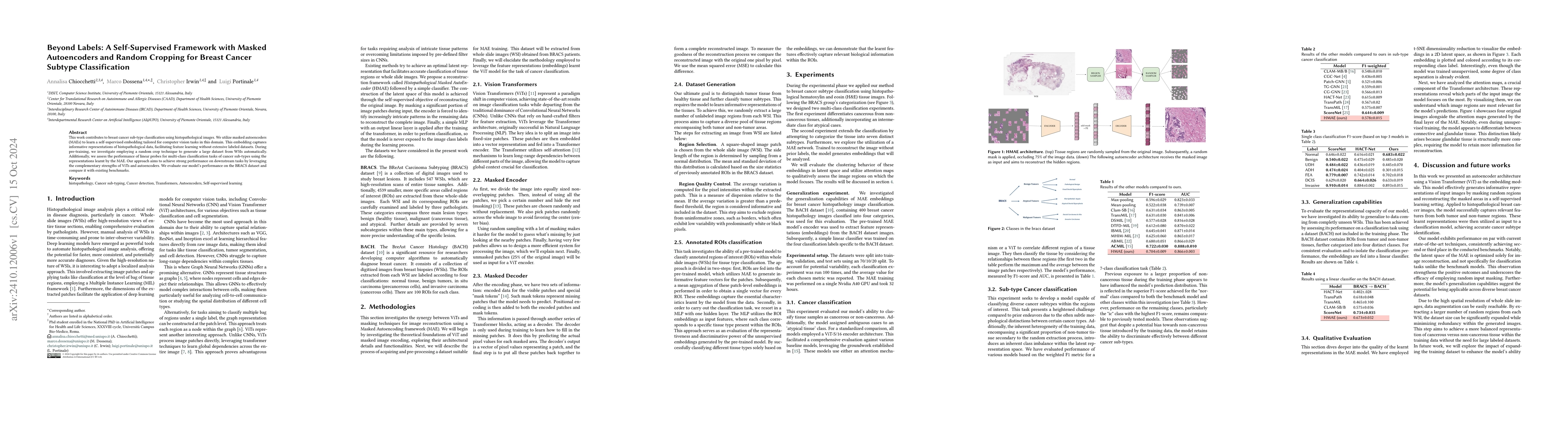 Thumbnail for Beyond Labels: A Self-Supervised Framework with Masked Autoencoders and
  Random Cropping for Breast Cancer Subtype Classification