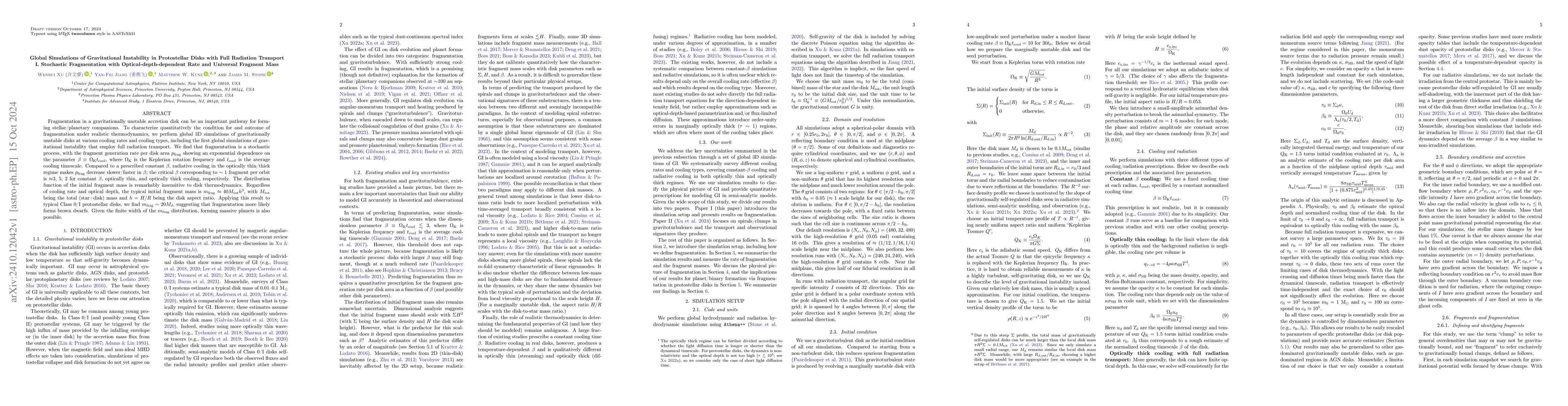 Thumbnail for Global Simulations of Gravitational Instability in Protostellar Disks
  with Full Radiation Transport. I. Stochastic Fragmentation with
  Optical-depth-dependent Rate and Universal Fragment Mass