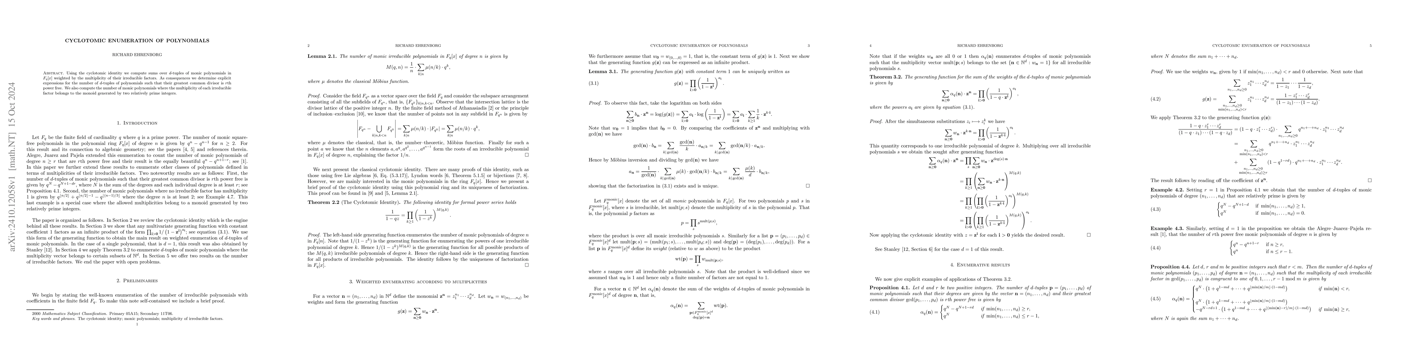 Thumbnail for Cyclotomic enumeration of polynomials