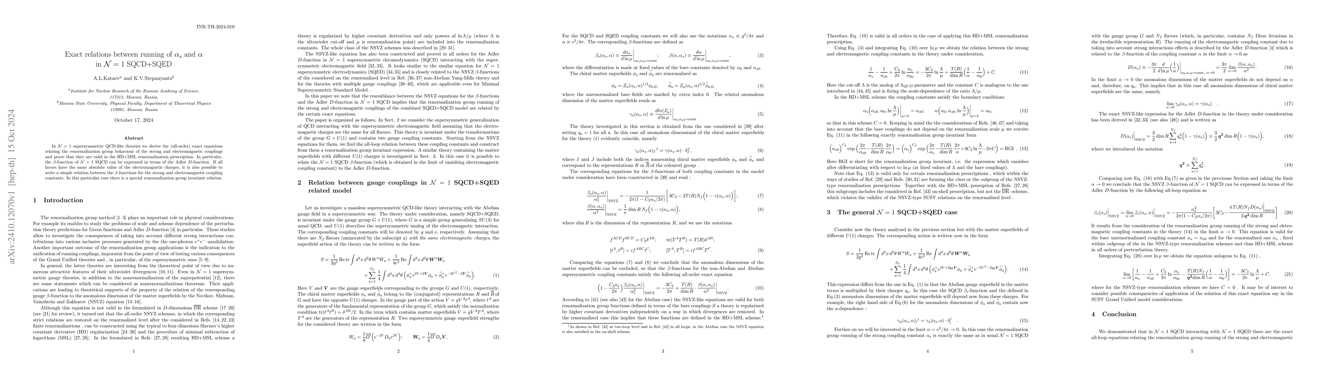 Thumbnail for Exact relations between running of $α_s$ and $α$ in ${\cal
  N}=1$ SQCD+SQED