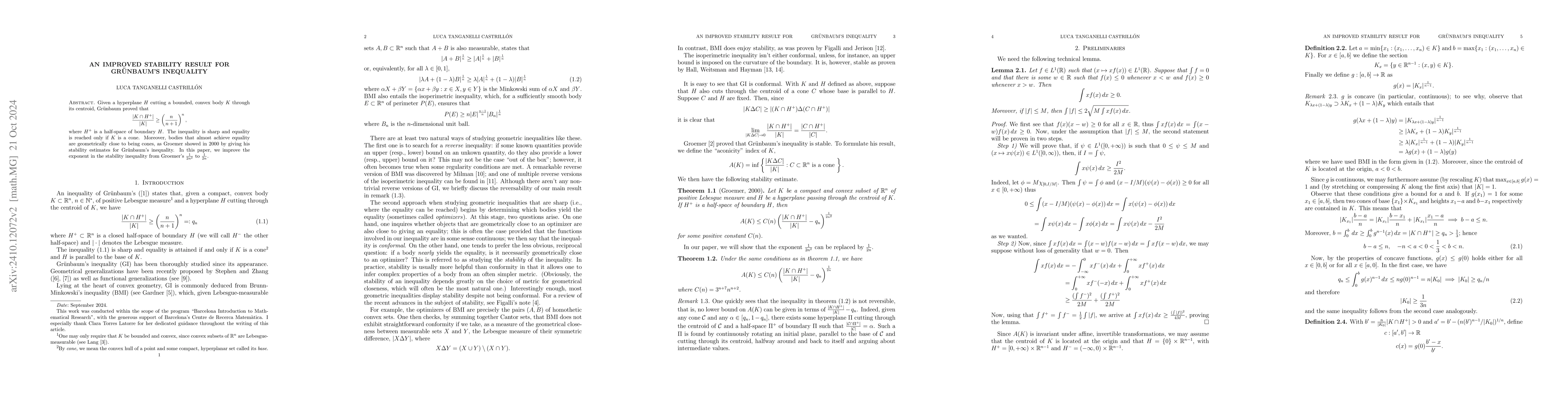 Thumbnail for An improved stability result for Grünbaum's inequality