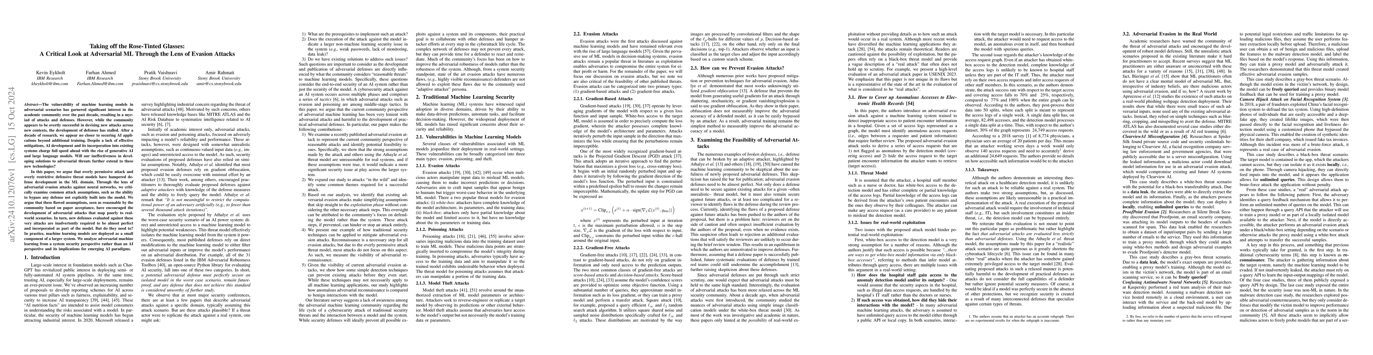 Thumbnail for Taking off the Rose-Tinted Glasses: A Critical Look at Adversarial ML
  Through the Lens of Evasion Attacks