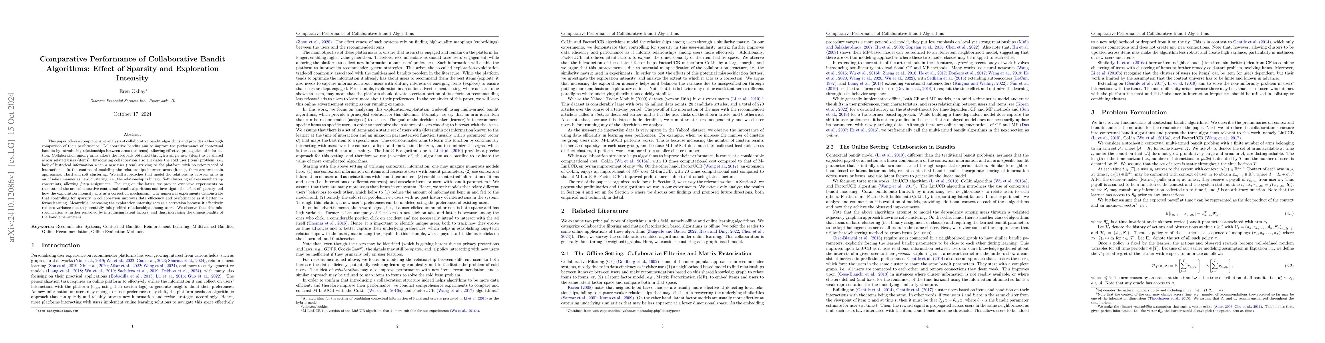 Thumbnail for Comparative Performance of Collaborative Bandit Algorithms: Effect of
  Sparsity and Exploration Intensity