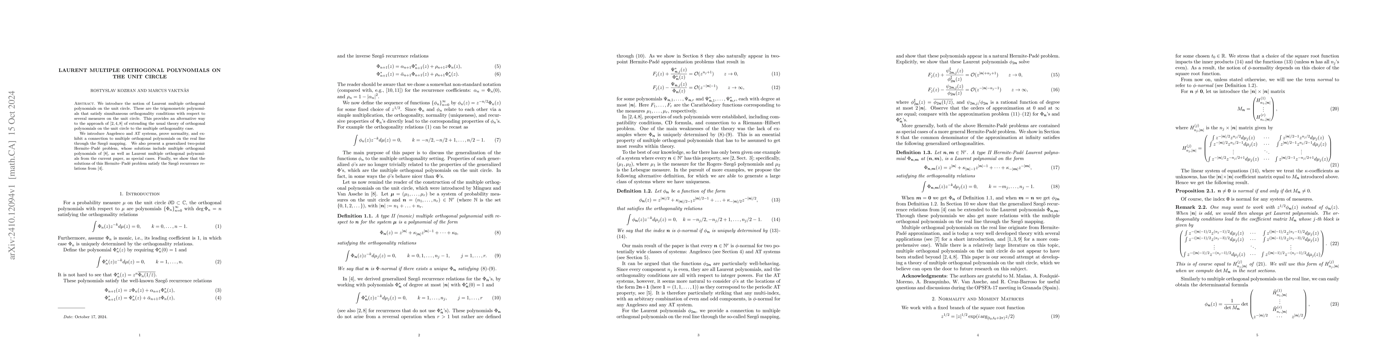 Thumbnail for Laurent Multiple Orthogonal Polynomials on the Unit Circle