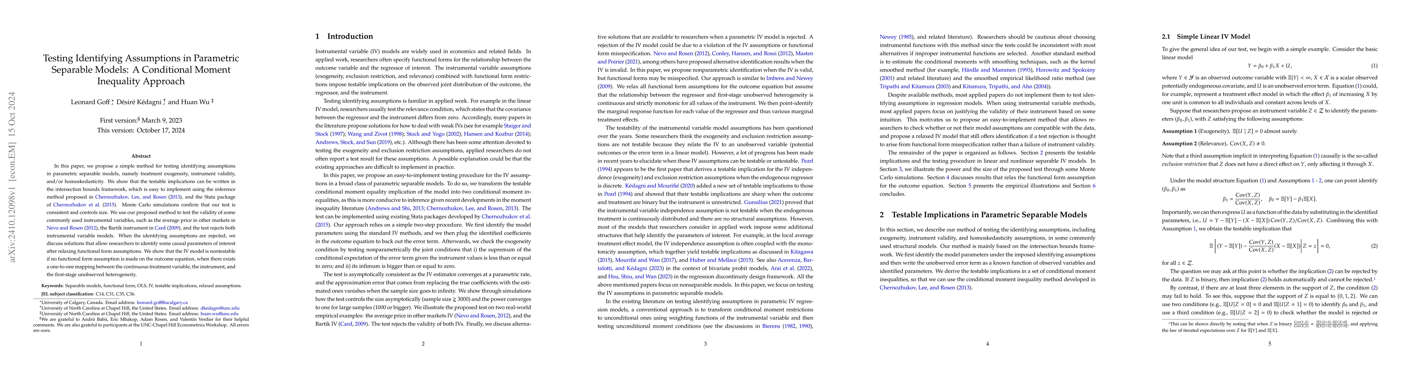 Thumbnail for Testing Identifying Assumptions in Parametric Separable Models: A
  Conditional Moment Inequality Approach