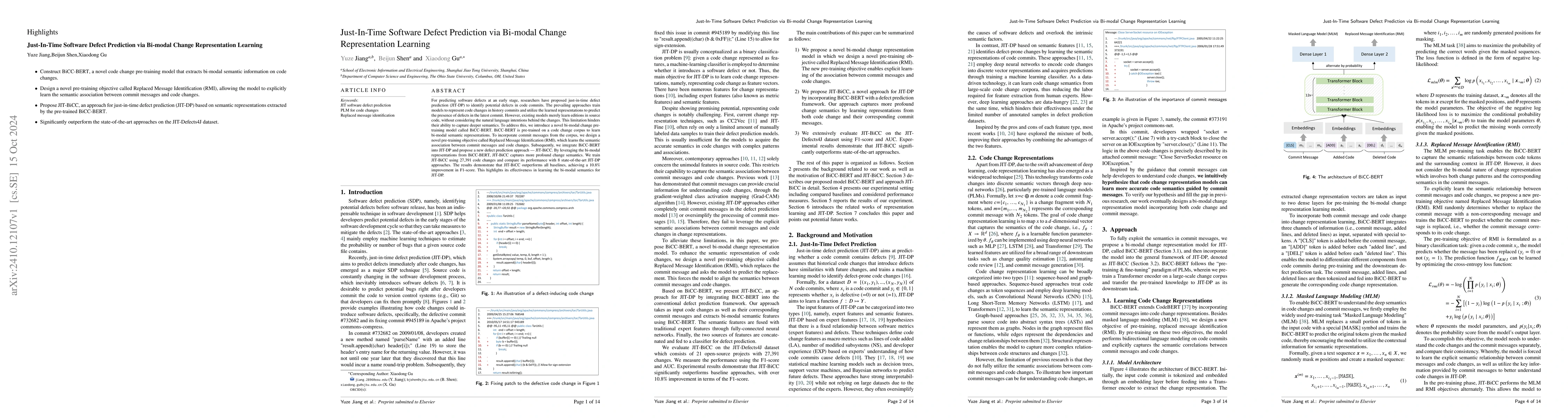 Thumbnail for Just-In-Time Software Defect Prediction via Bi-modal Change
  Representation Learning