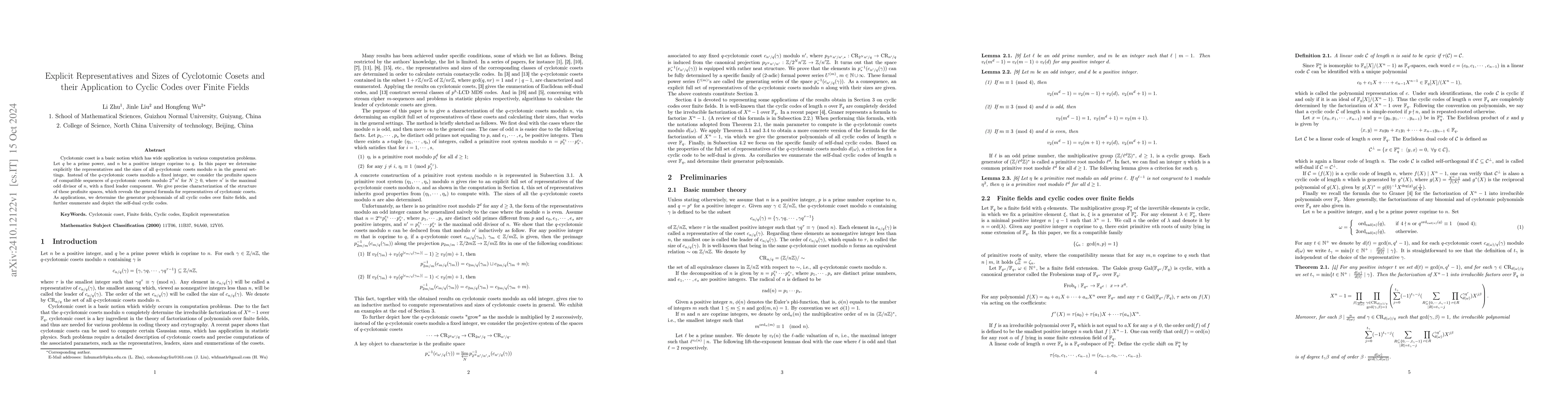 Thumbnail for Explicit Representatives and Sizes of Cyclotomic Cosets and their
  Application to Cyclic Codes over Finite Fields
