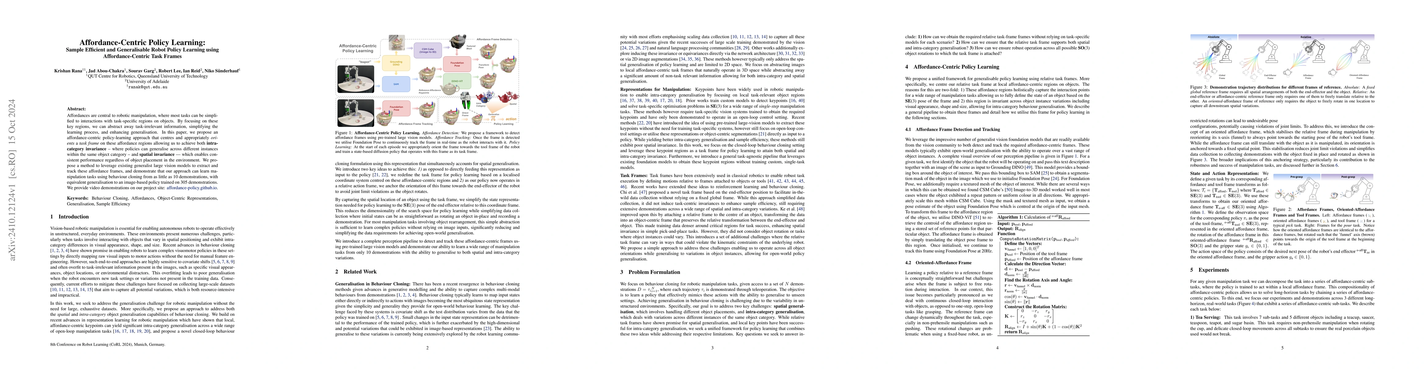 Thumbnail for Affordance-Centric Policy Learning: Sample Efficient and Generalisable
  Robot Policy Learning using Affordance-Centric Task Frames