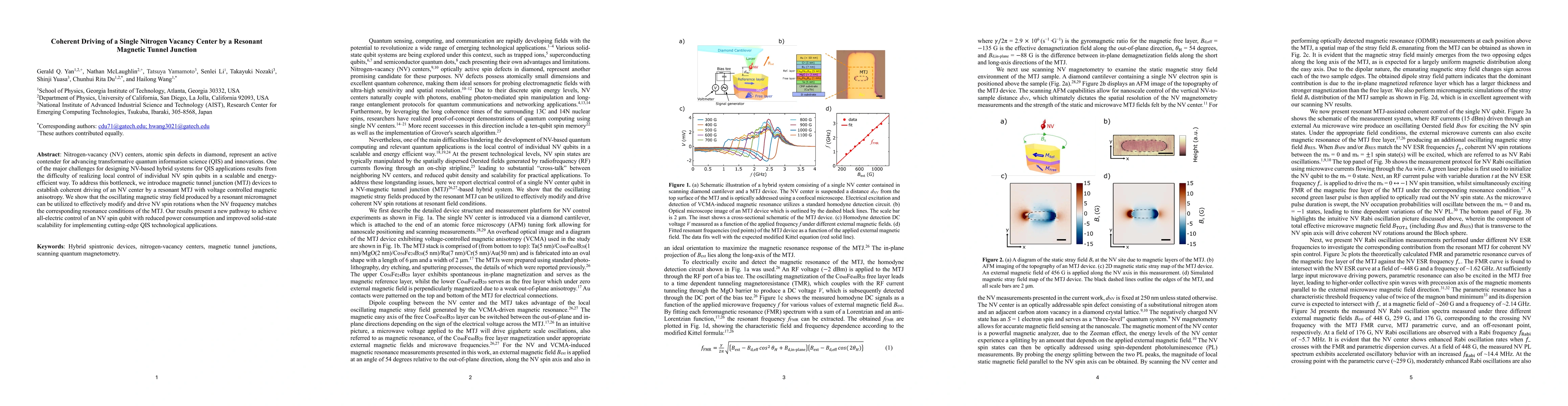 Thumbnail for Coherent Driving of a Single Nitrogen Vacancy Center by a Resonant
  Magnetic Tunnel Junction