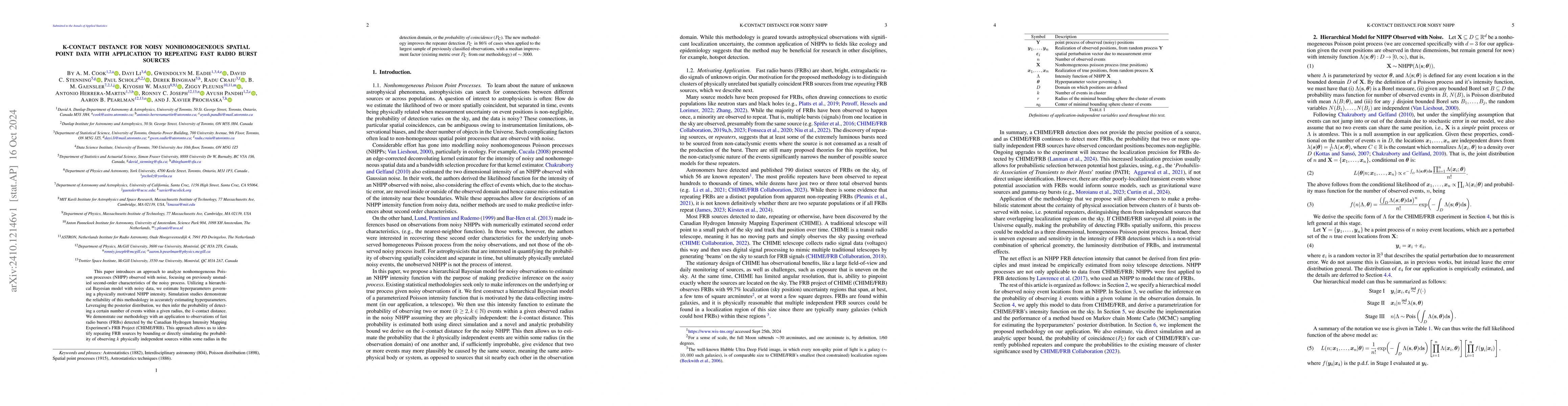 Thumbnail for K-Contact Distance for Noisy Nonhomogeneous Spatial Point Data with
  application to Repeating Fast Radio Burst sources