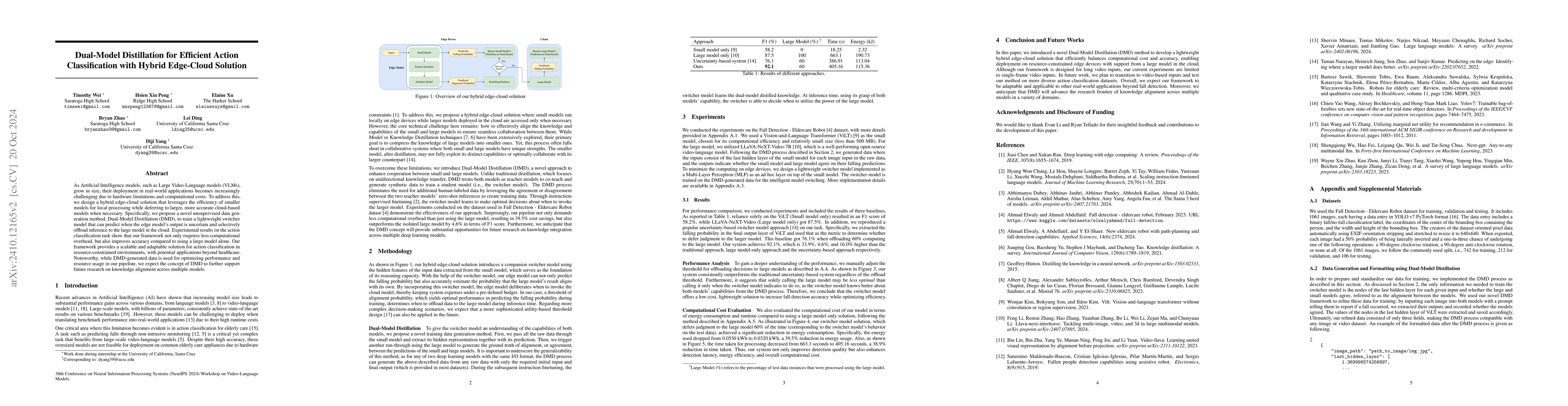 Thumbnail for Dual-Model Distillation for Efficient Action Classification with Hybrid
  Edge-Cloud Solution