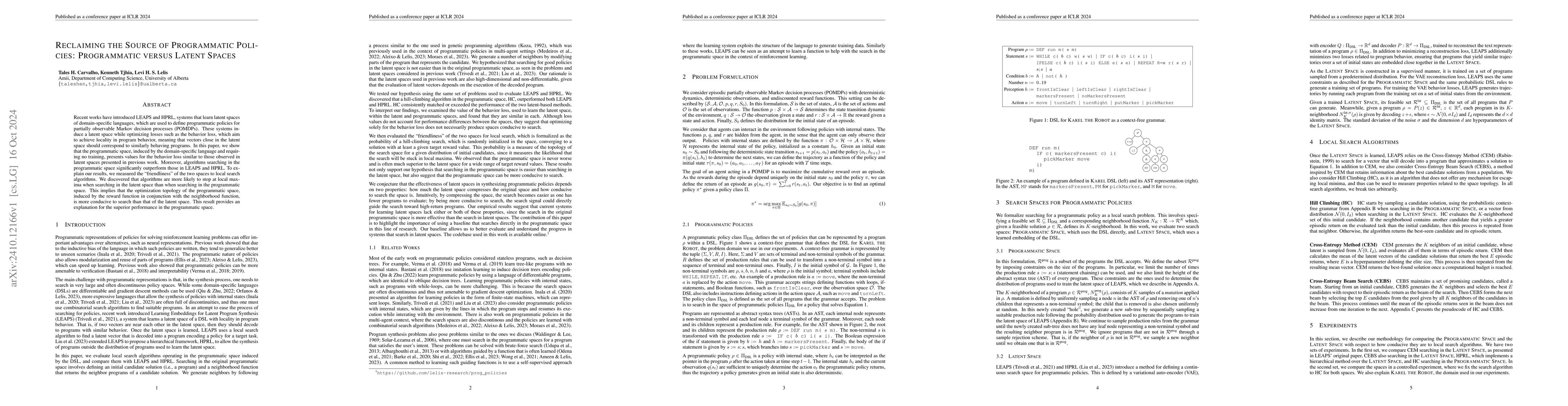 Thumbnail for Reclaiming the Source of Programmatic Policies: Programmatic versus
  Latent Spaces