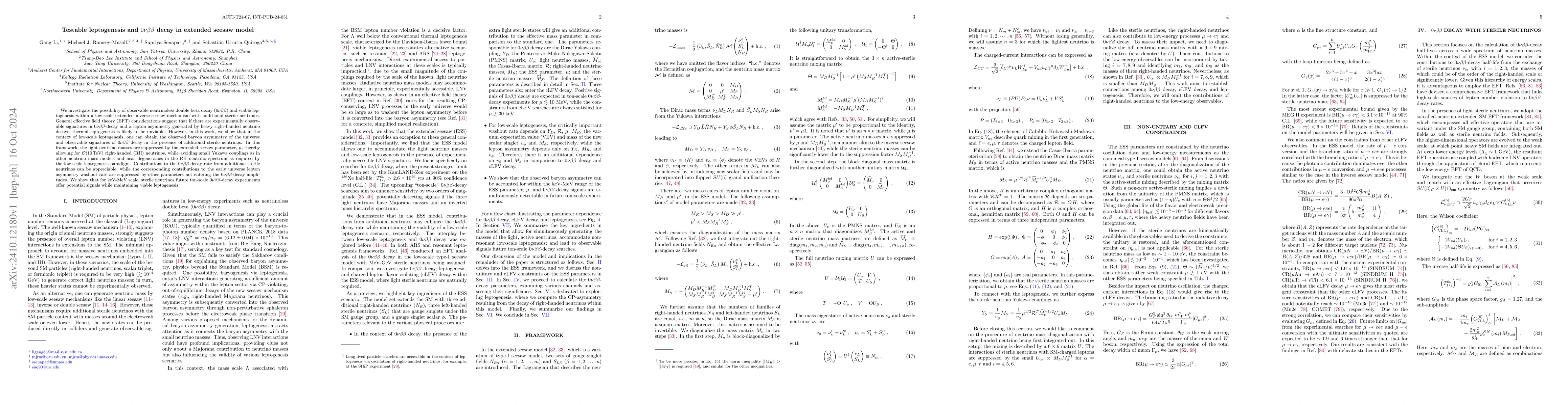 Thumbnail for Testable leptogenesis and $0νββ$ decay in extended seesaw
  model