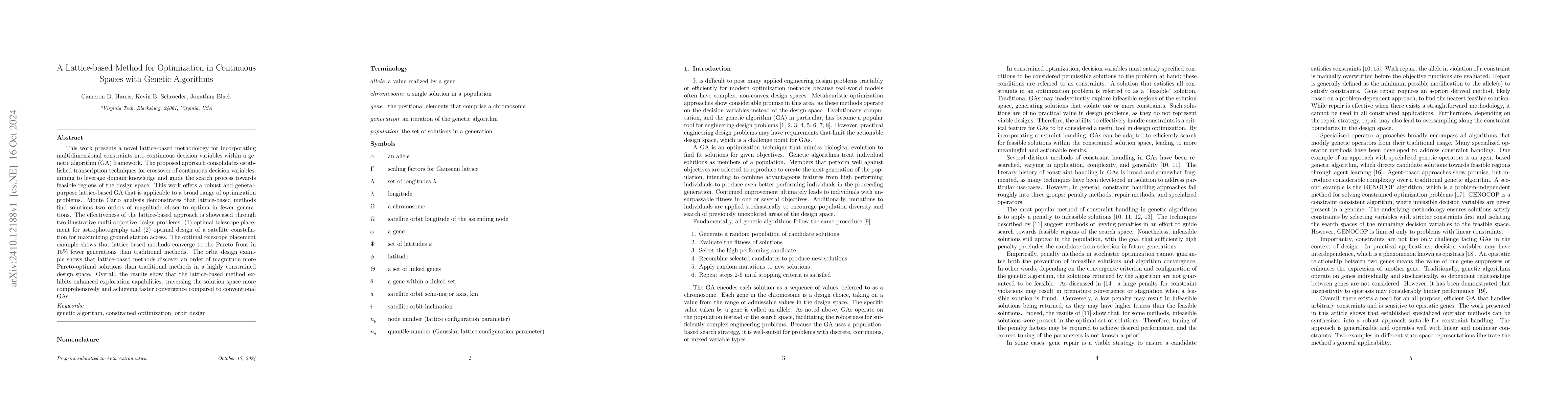 Thumbnail for A Lattice-based Method for Optimization in Continuous Spaces with
  Genetic Algorithms