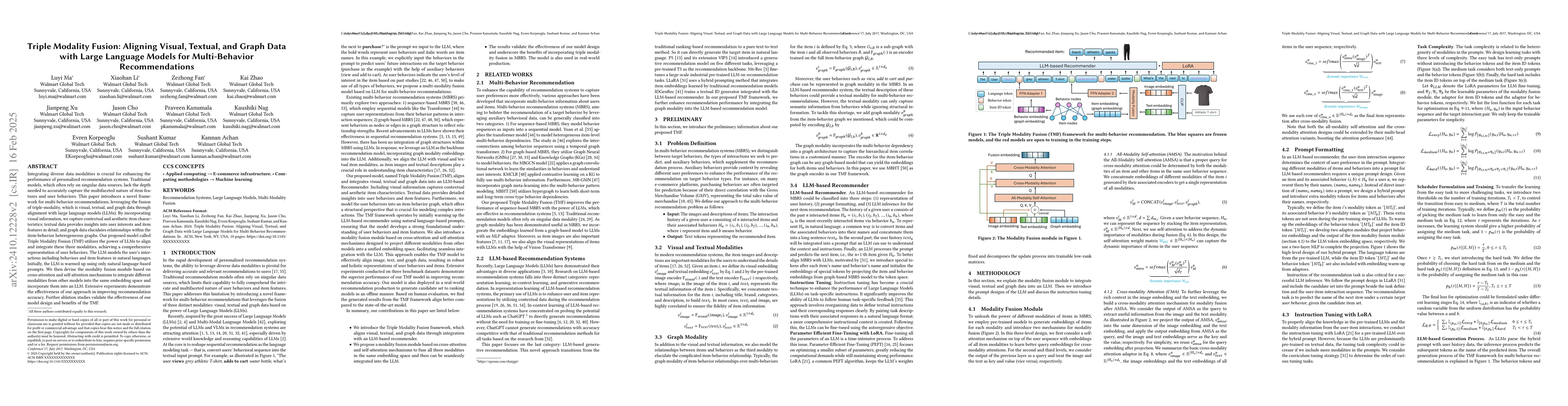 Thumbnail for Triple Modality Fusion: Aligning Visual, Textual, and Graph Data with
  Large Language Models for Multi-Behavior Recommendations
