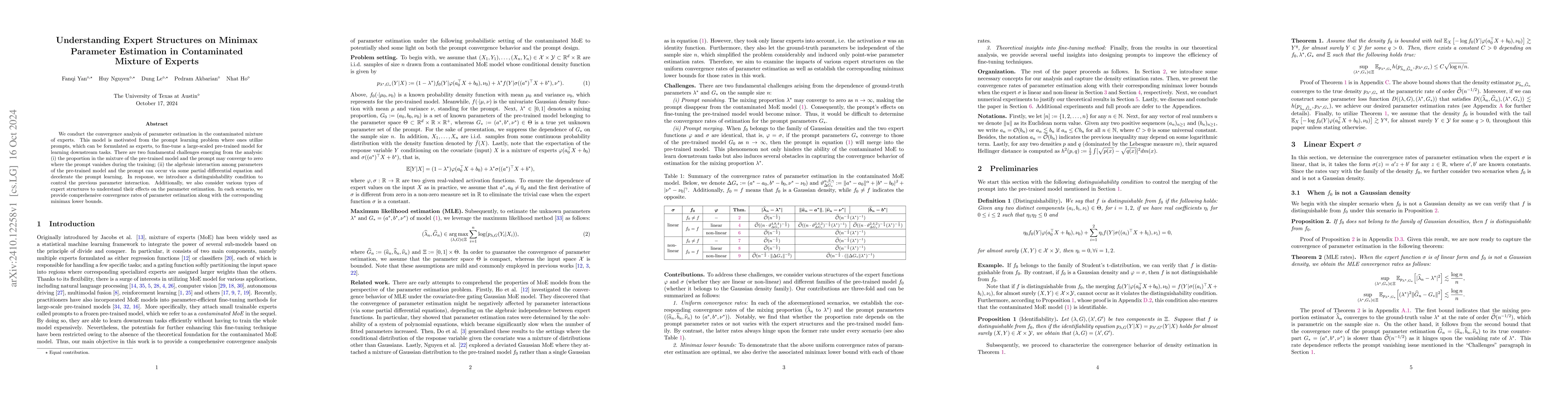 Thumbnail for Understanding Expert Structures on Minimax Parameter Estimation in
  Contaminated Mixture of Experts