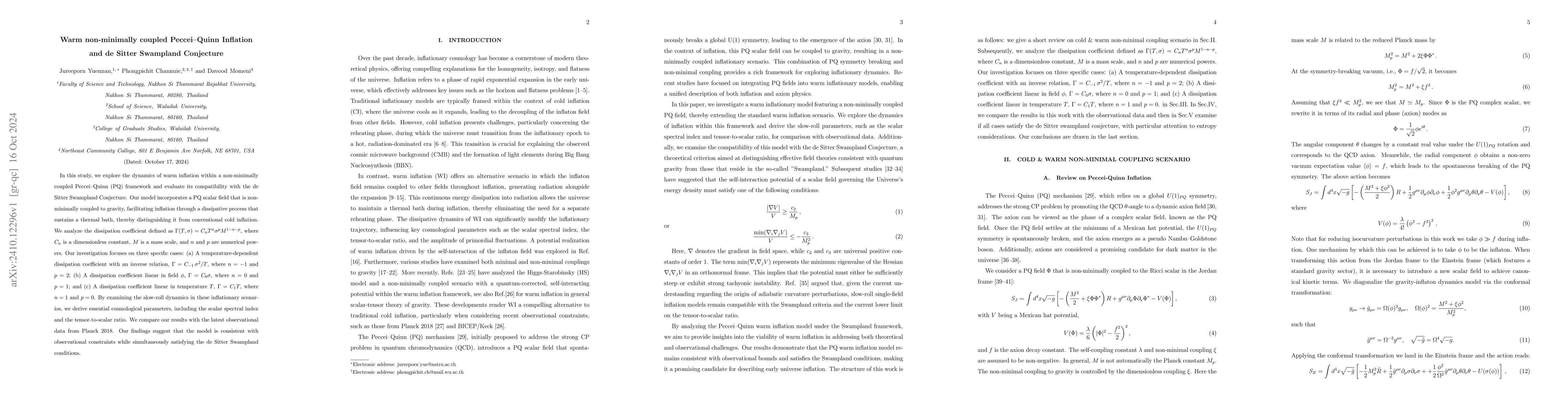 Thumbnail for Warm non-minimally coupled Peccei-Quinn Inflation and de Sitter
  Swampland Conjecture