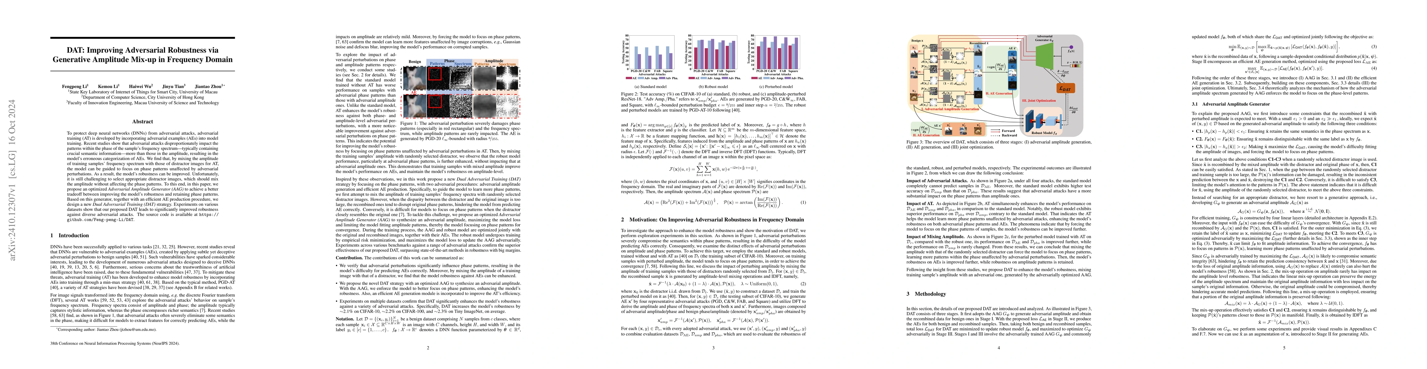 Thumbnail for DAT: Improving Adversarial Robustness via Generative Amplitude Mix-up in
  Frequency Domain